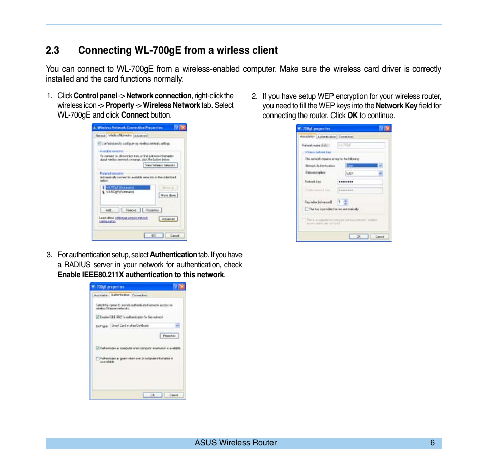 3 connecting wl-700ge from a wirless client | Asus WL-700gE User Manual | Page 9 / 24