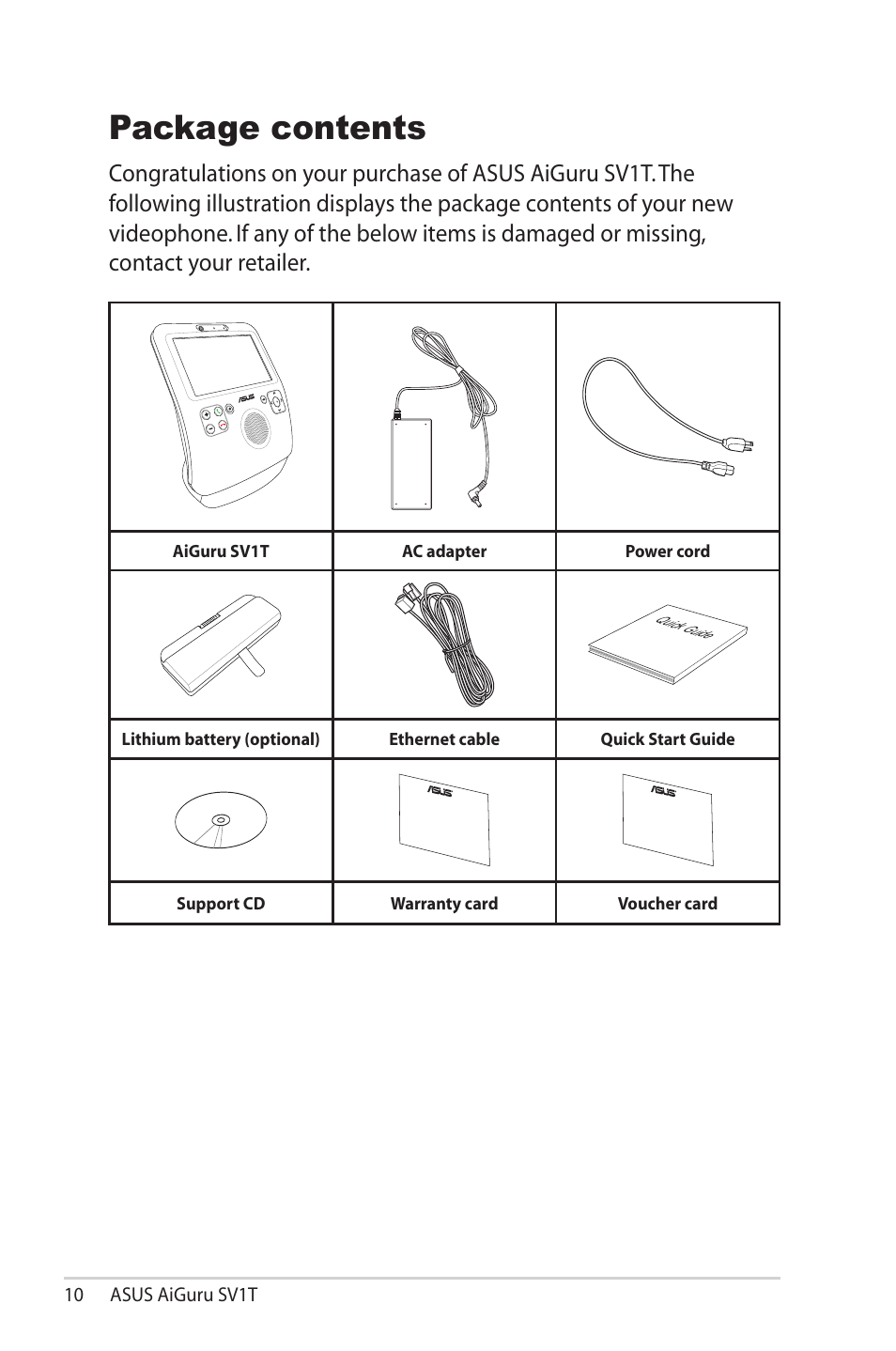 Package contents | Asus AiGuru SV1T User Manual | Page 10 / 34