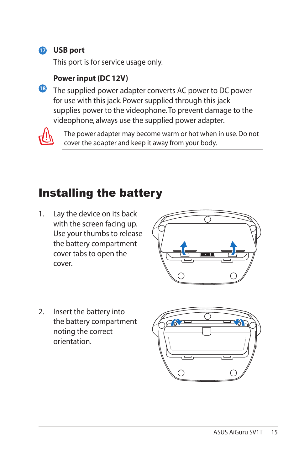 Installing the battery | Asus AiGuru SV1T User Manual | Page 15 / 34