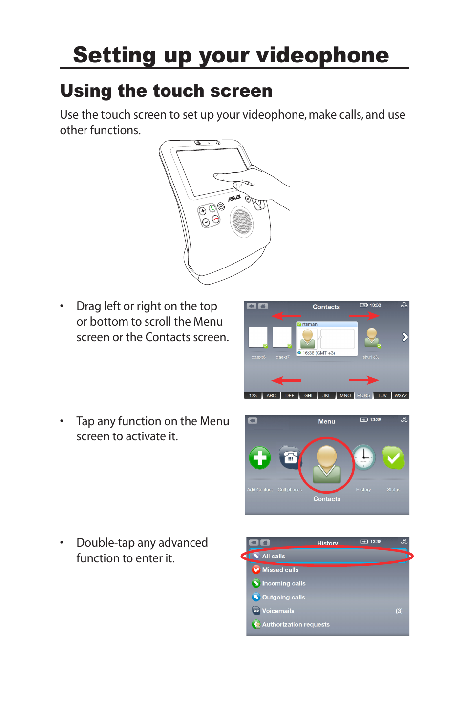 Setting up your videophone, Using the touch screen | Asus AiGuru SV1T User Manual | Page 17 / 34