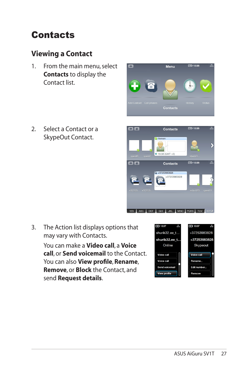 Contacts, Viewing a contact | Asus AiGuru SV1T User Manual | Page 27 / 34