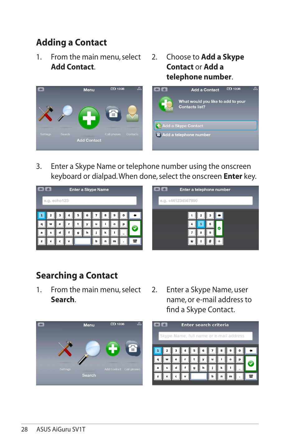 Adding a contact, Searching a contact, Adding a contact searching a contact | Asus AiGuru SV1T User Manual | Page 28 / 34