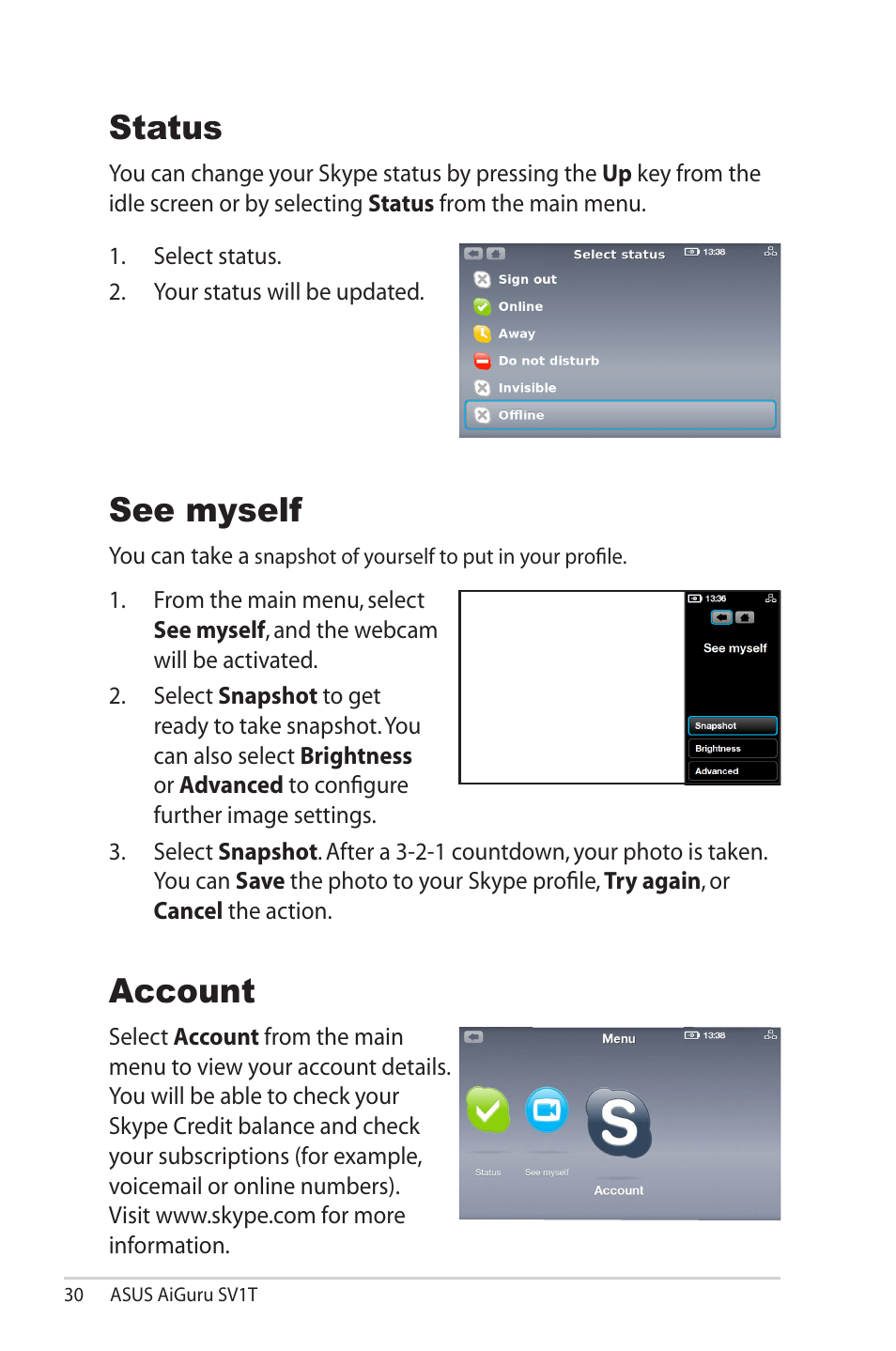 Status, See myself, Account | Status see myself account | Asus AiGuru SV1T User Manual | Page 30 / 34