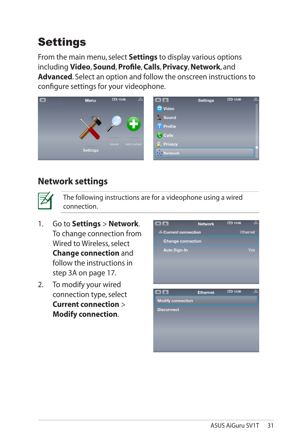 Settings, Network settings | Asus AiGuru SV1T User Manual | Page 31 / 34