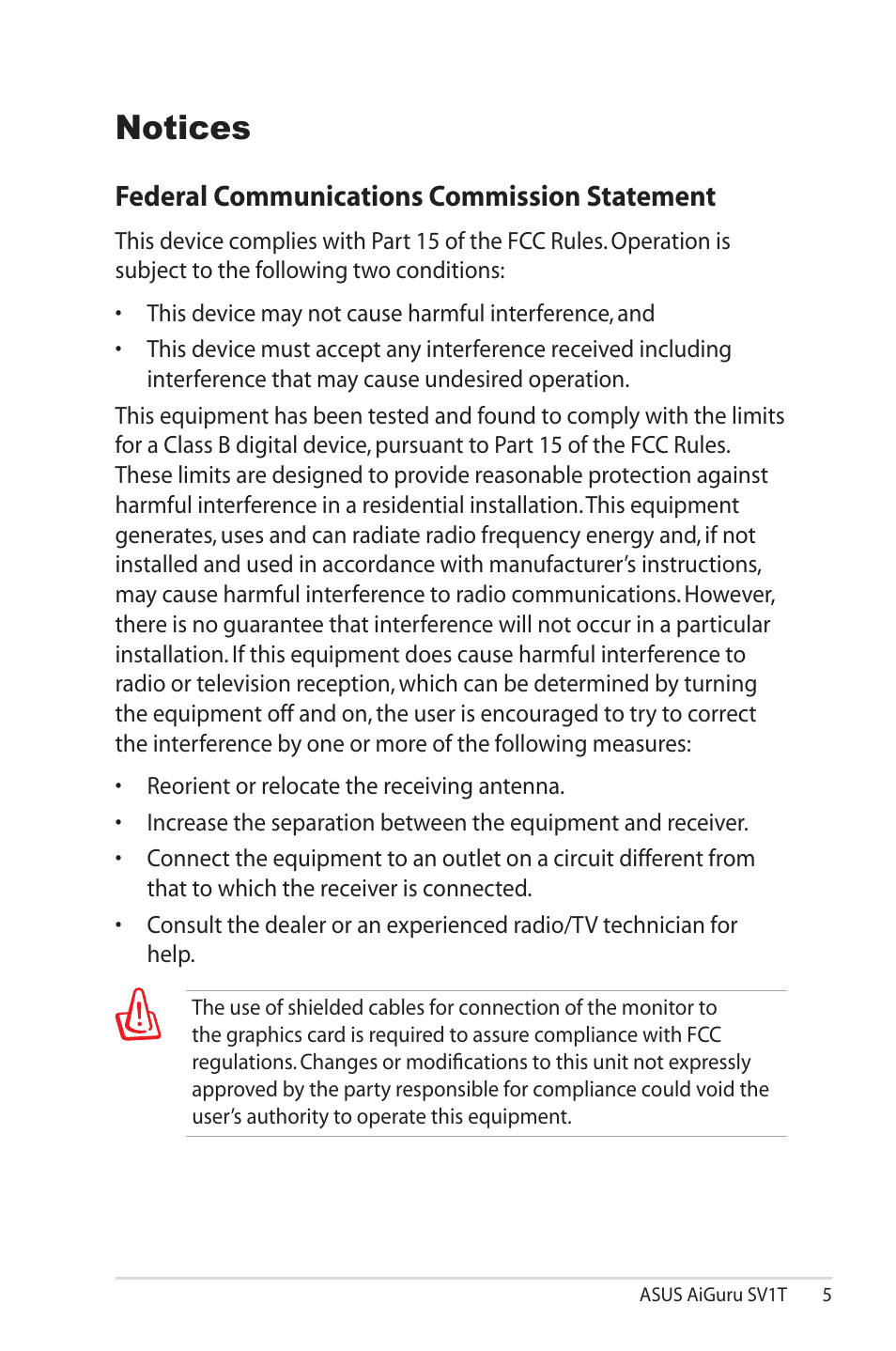 Notices, Federal communications commission statement | Asus AiGuru SV1T User Manual | Page 5 / 34