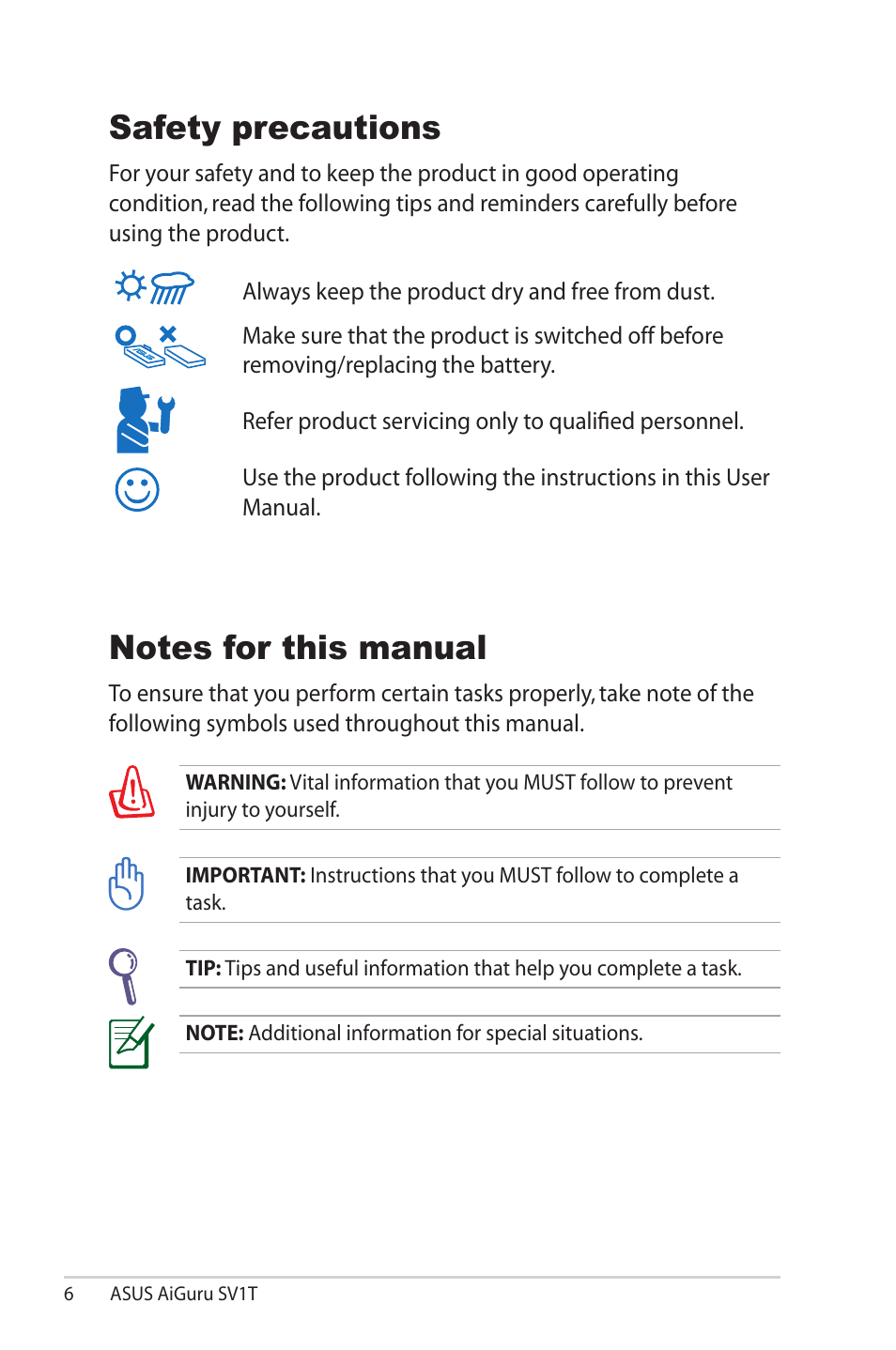 Safety precautions, Notes for this manual, Safety precautions notes for this manual | Asus AiGuru SV1T User Manual | Page 6 / 34