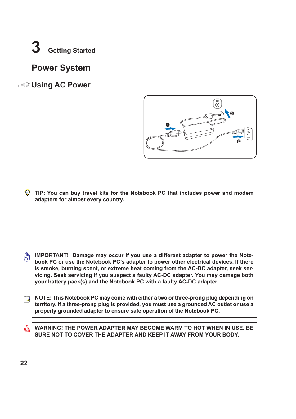 Power system | Asus W5Fm User Manual | Page 22 / 69