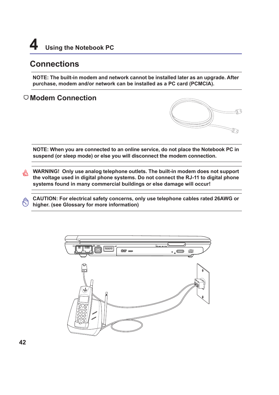 Connections, Modem connection | Asus W5Fm User Manual | Page 42 / 69