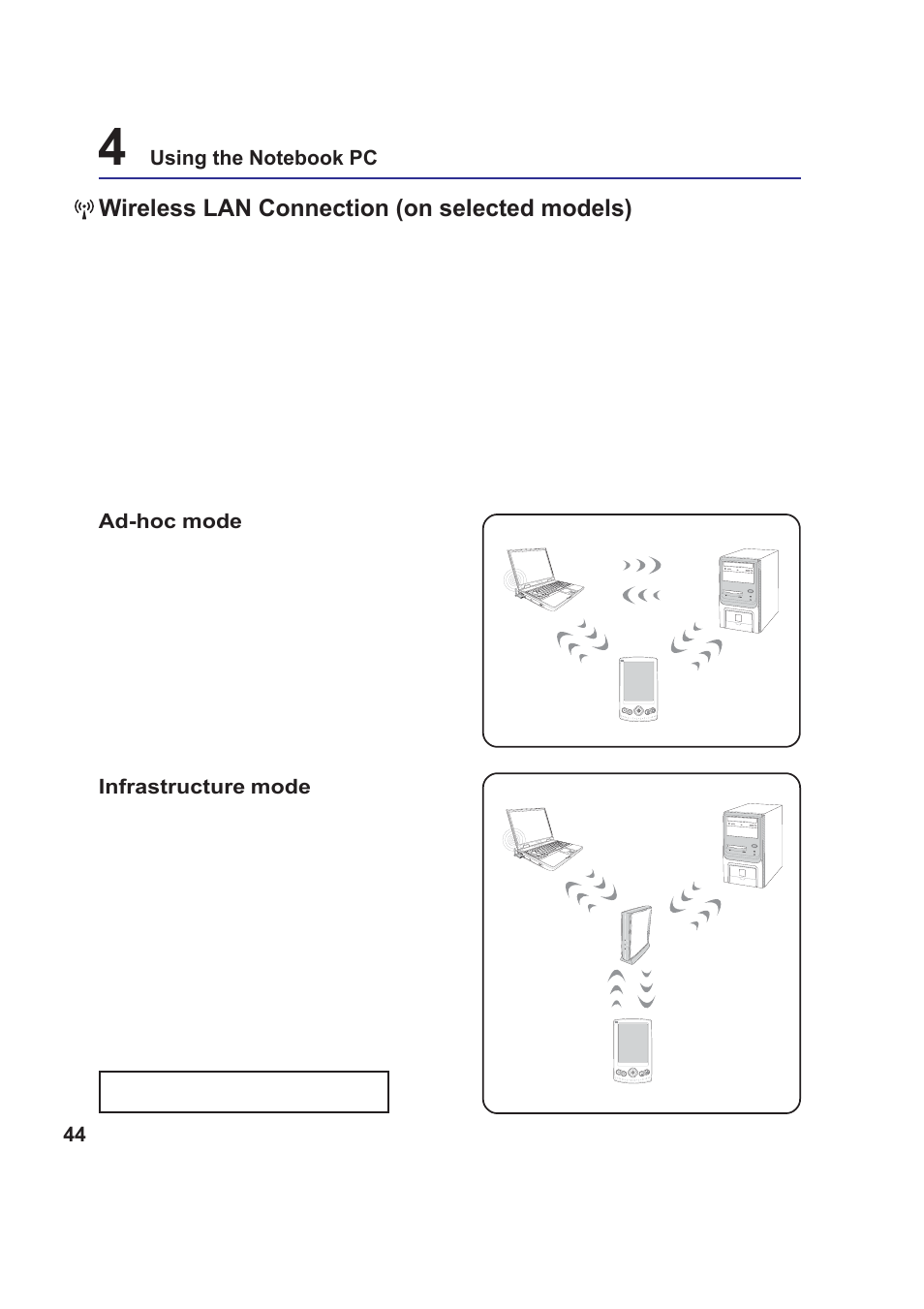 Wireless lan connection (on selected models) | Asus W5Fm User Manual | Page 44 / 69