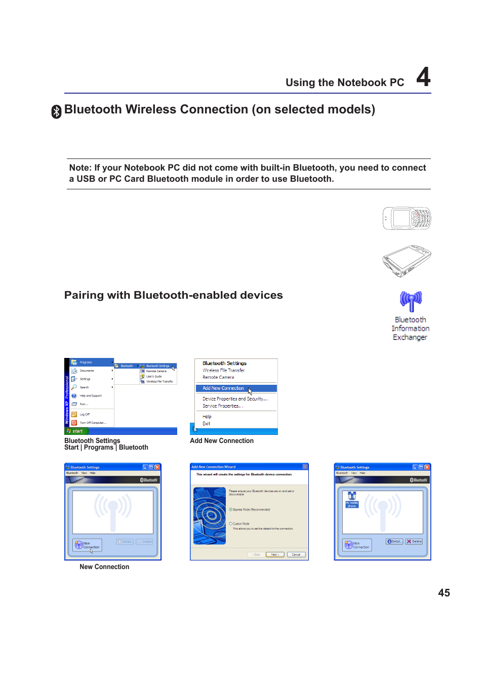 Bluetooth wireless connection (on selected models), Pairing with bluetooth-enabled devices | Asus W5Fm User Manual | Page 45 / 69