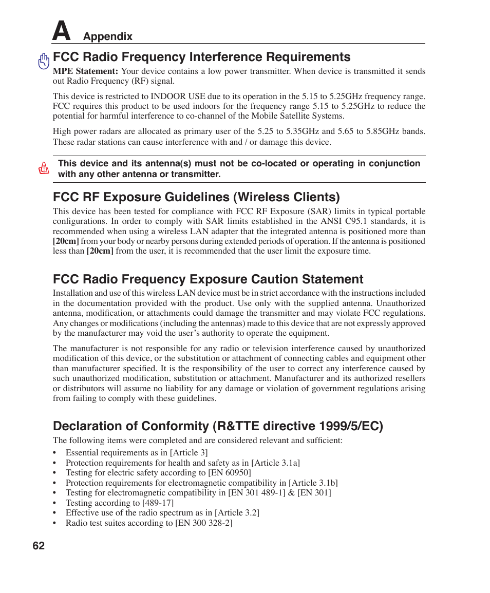 Fcc radio frequency interference requirements, Fcc rf exposure guidelines (wireless clients), Fcc radio frequency exposure caution statement | Asus W5Fm User Manual | Page 62 / 69