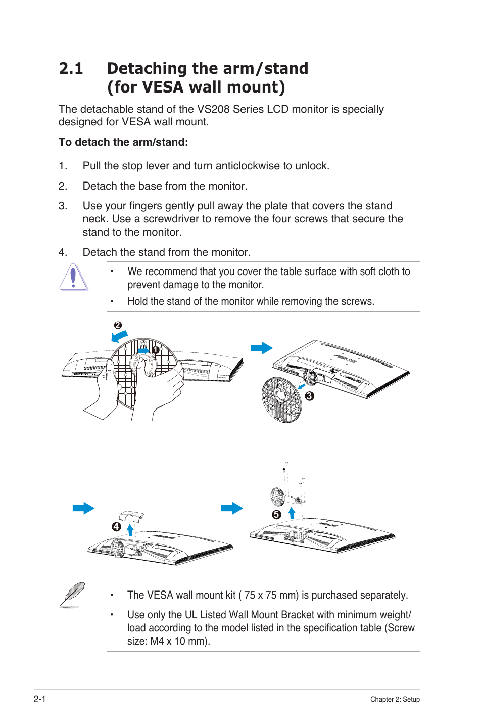 1 detaching the arm/stand (for vesa wall mount) | Asus VS208N-P User Manual | Page 12 / 20