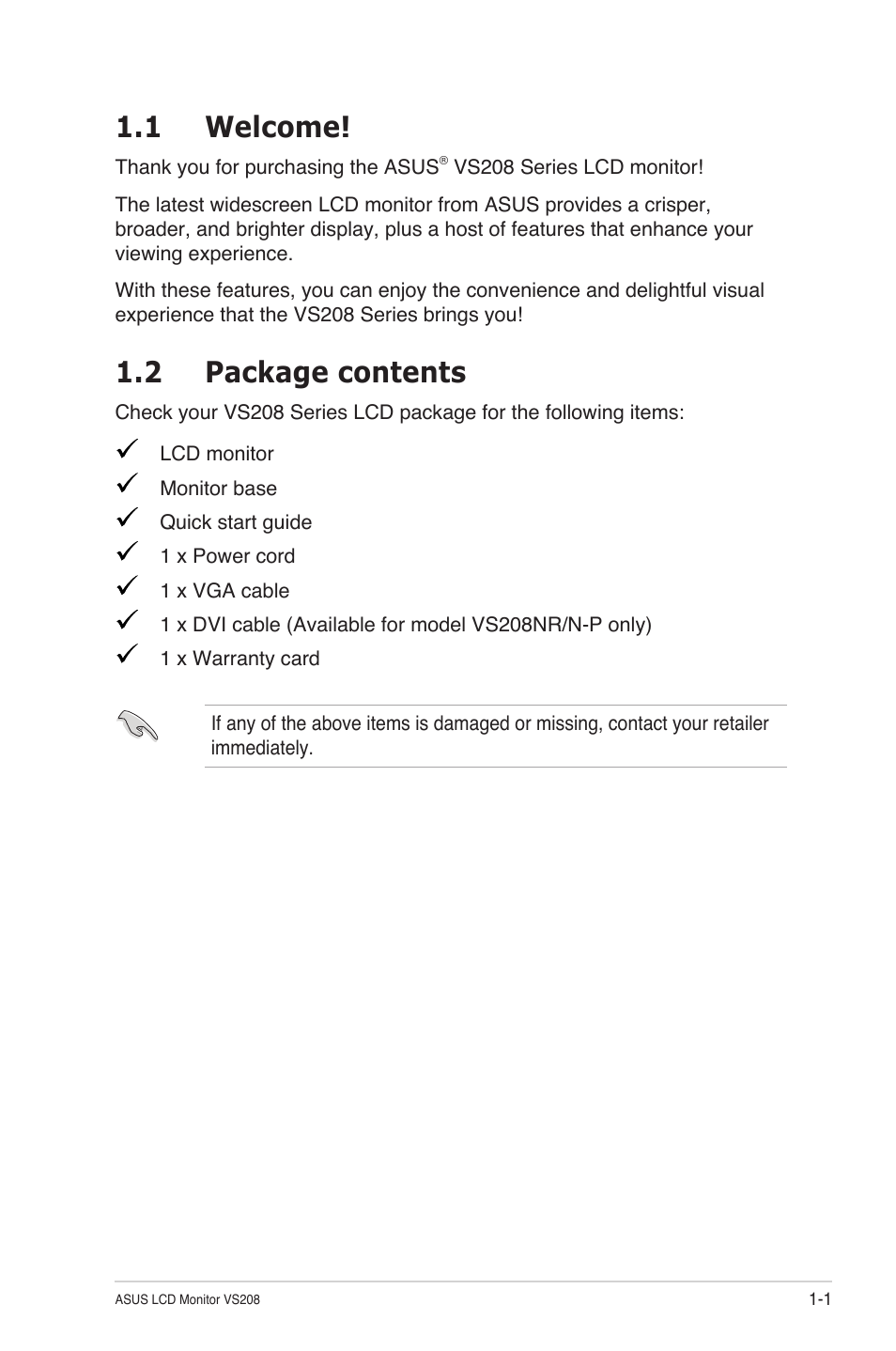 1 welcome, 2 package contents | Asus VS208N-P User Manual | Page 7 / 20