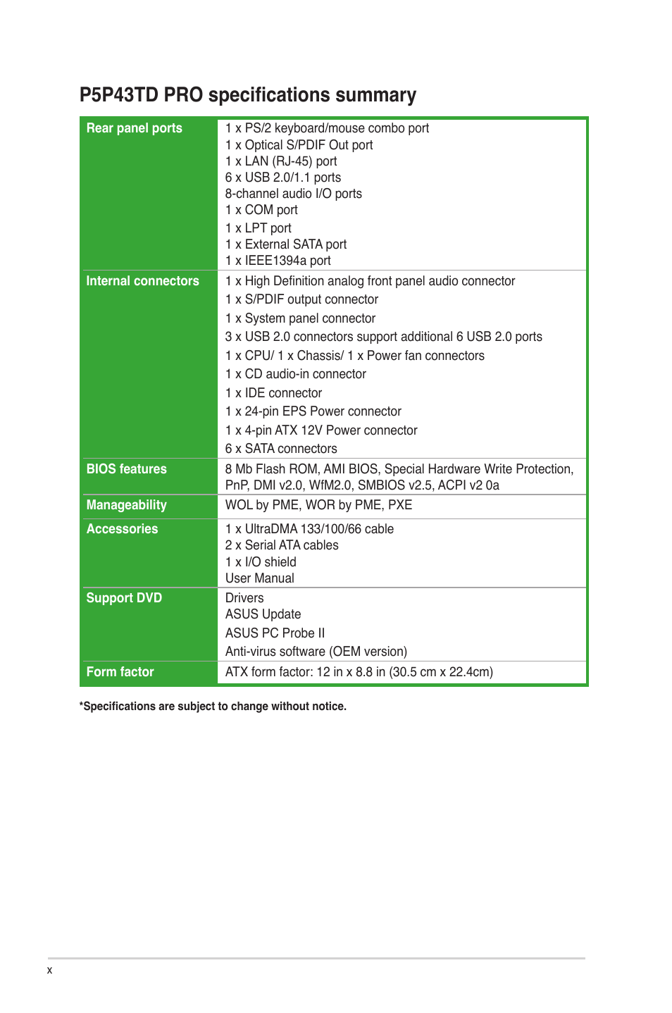 P5p43td pro specifications summary | Asus P5P43TD PRO User Manual | Page 10 / 62