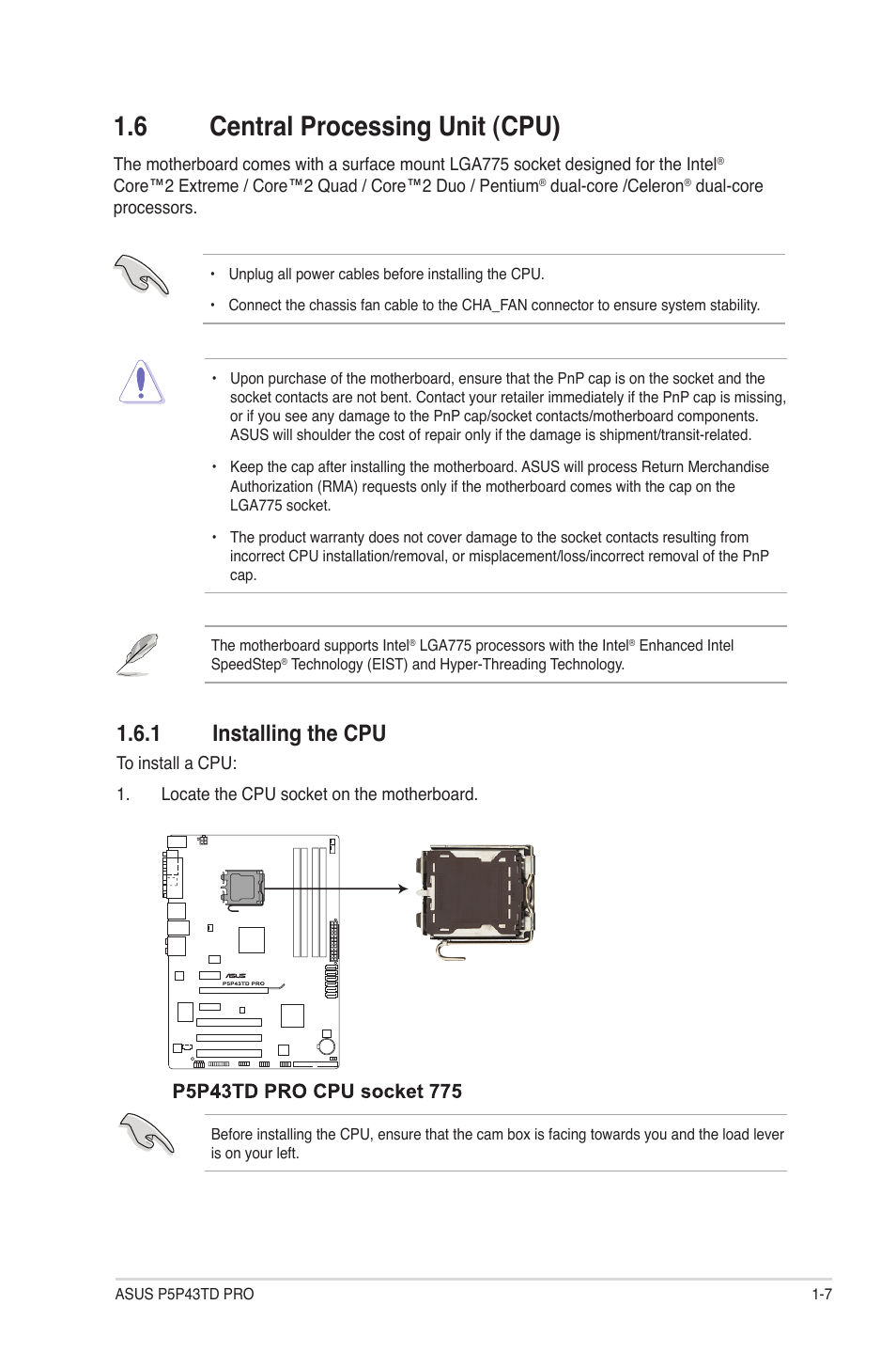 6 central processing unit (cpu), 1 installing the cpu, Central processing unit (cpu) -7 1.6.1 | Installing the cpu -7 | Asus P5P43TD PRO User Manual | Page 17 / 62