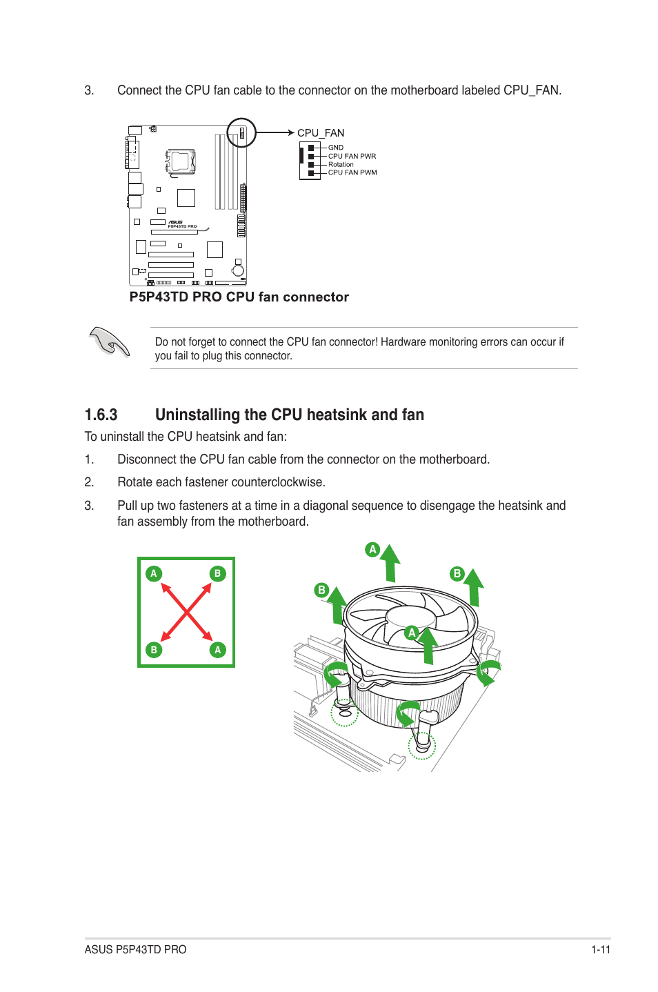 3 uninstalling the cpu heatsink and fan, Uninstalling the cpu heatsink and fan -11 | Asus P5P43TD PRO User Manual | Page 21 / 62
