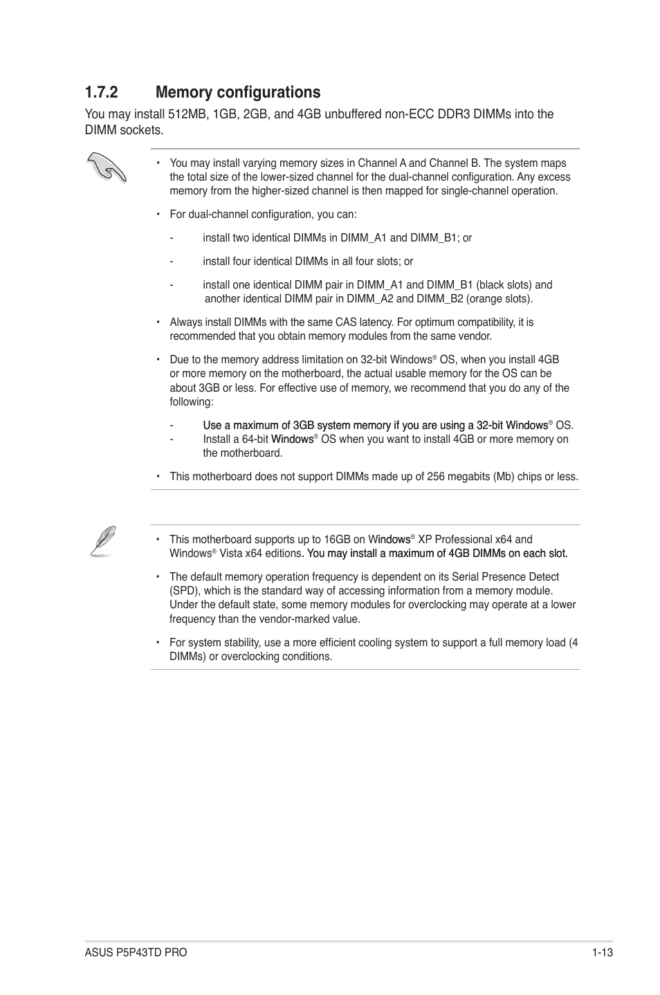 2 memory configurations, Memory configurations -13 | Asus P5P43TD PRO User Manual | Page 23 / 62