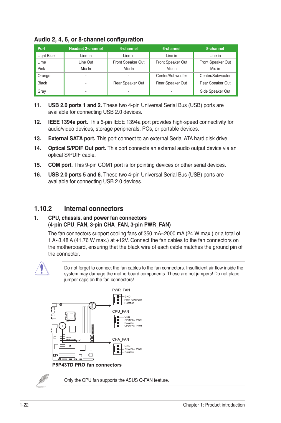 2 internal connectors, 2 internal connectors -22, Audio 2, 4, 6, or 8-channel configuration | Asus P5P43TD PRO User Manual | Page 32 / 62
