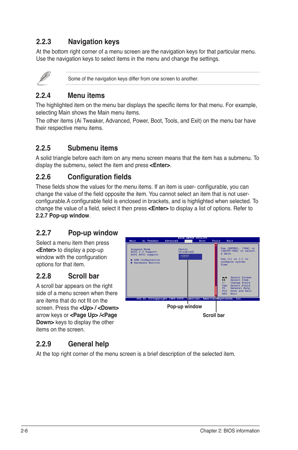 3 navigation keys, 4 menu items, 5 submenu items | 6 configuration fields, 7 pop-up window, 8 scroll bar, 9 general help, Navigation keys -6, Menu items -6, Submenu items -6 | Asus P5P43TD PRO User Manual | Page 44 / 62