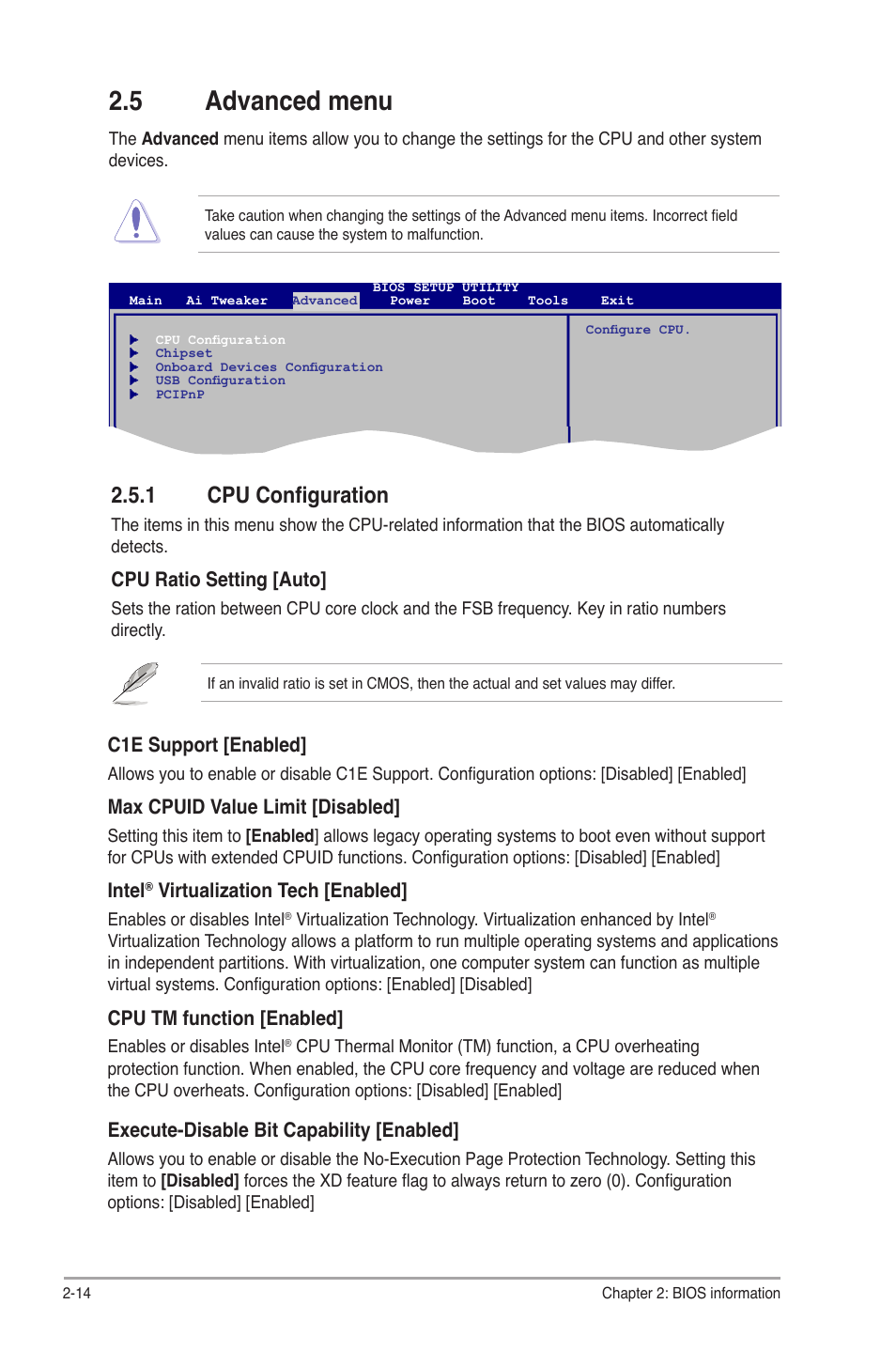 5 advanced menu, 1 cpu configuration, Advanced menu -14 2.5.1 | Cpu configuration -14 | Asus P5P43TD PRO User Manual | Page 52 / 62