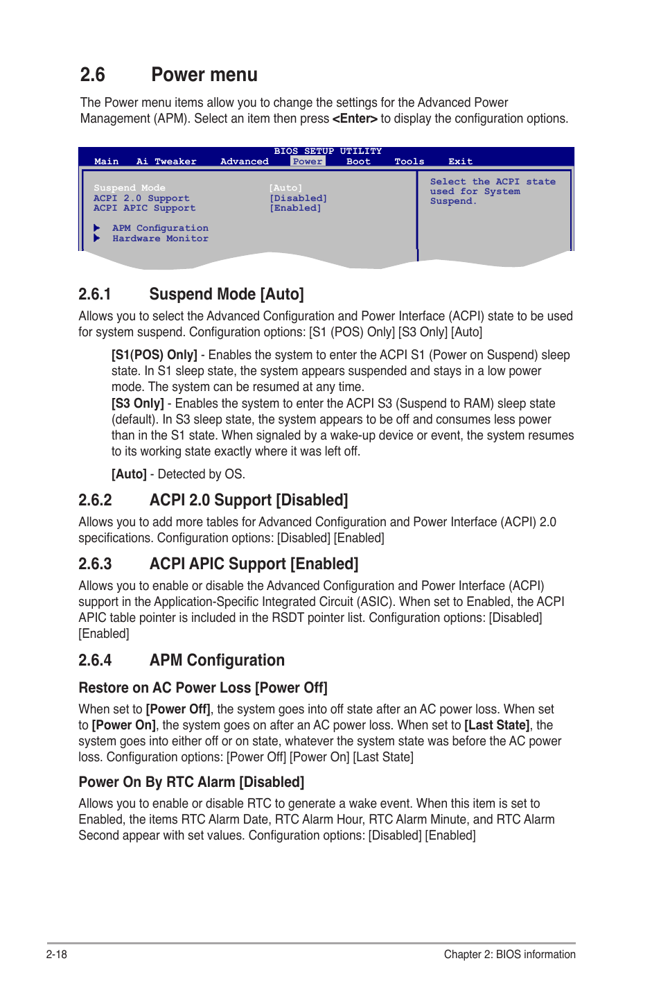 6 power menu, 1 suspend mode [auto, 2 acpi 2.0 support [disabled | 3 acpi apic support [enabled, 4 apm configuration, Power menu -18 2.6.1, Suspend mode -18, Acpi 2.0 support -18, Acpi apic support -18, Apm configuration -18 | Asus P5P43TD PRO User Manual | Page 56 / 62