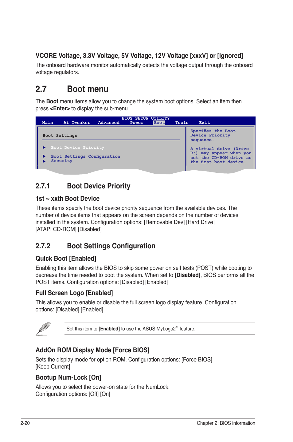 7 boot menu, 1 boot device priority, 2 boot settings configuration | Boot menu -20 2.7.1, Boot device priority -20, Boot settings configuration -20 | Asus P5P43TD PRO User Manual | Page 58 / 62