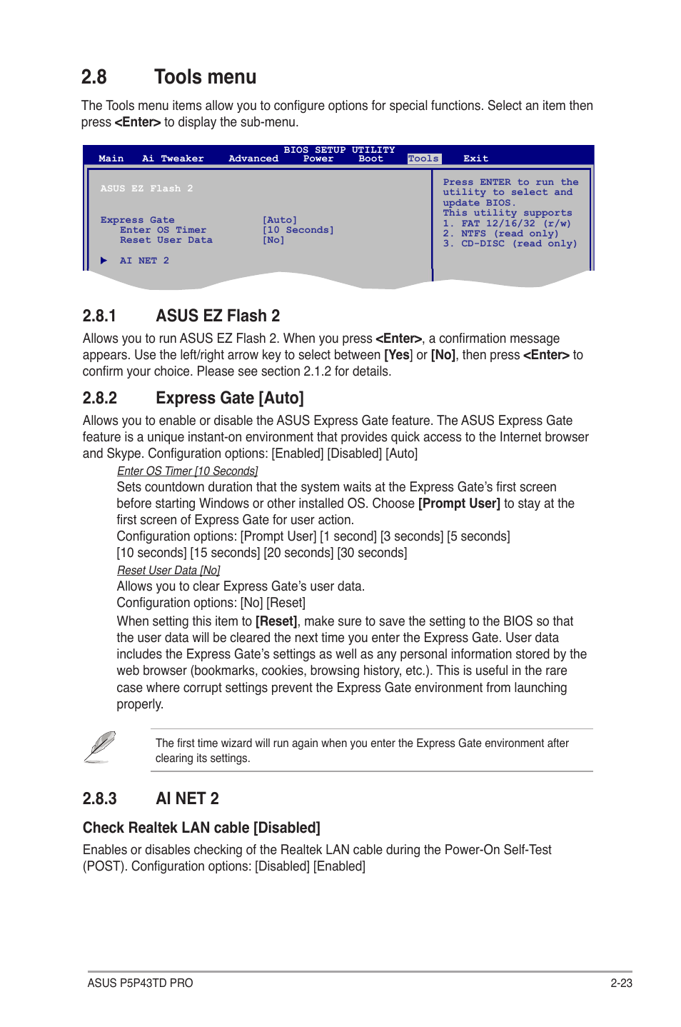 8 tools menu, 1 asus ez flash 2, 2 express gate [auto | 3 ai net 2, Tools menu -23 2.8.1, Asus ez flash 2 -23, Express gate -23, Ai net 2 -23 | Asus P5P43TD PRO User Manual | Page 61 / 62