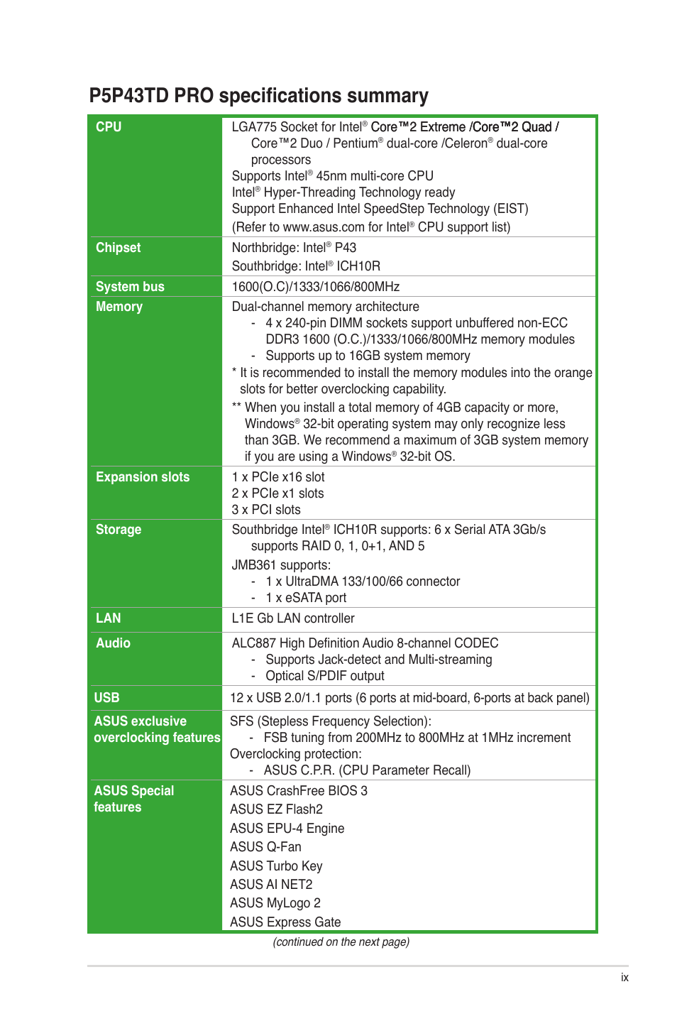 P5p43td pro specifications summary | Asus P5P43TD PRO User Manual | Page 9 / 62