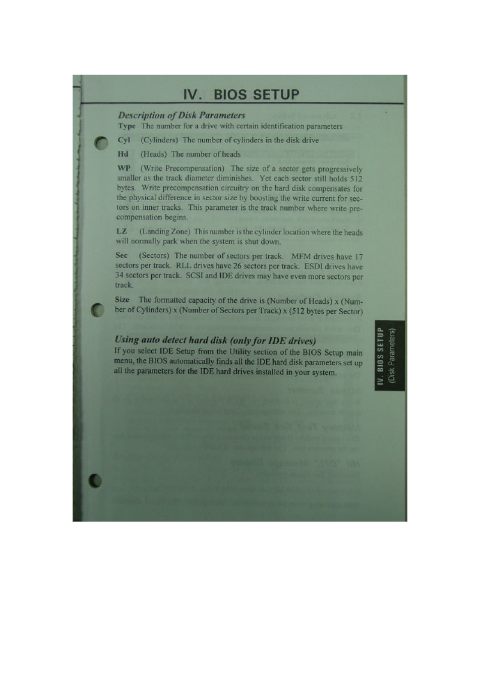 Dcycripz/fj/i of disk parameters, Using auto detect hard dhh {onty for ide drives), Iv. bios setup | Asus P/I-P6RP4 User Manual | Page 23 / 34