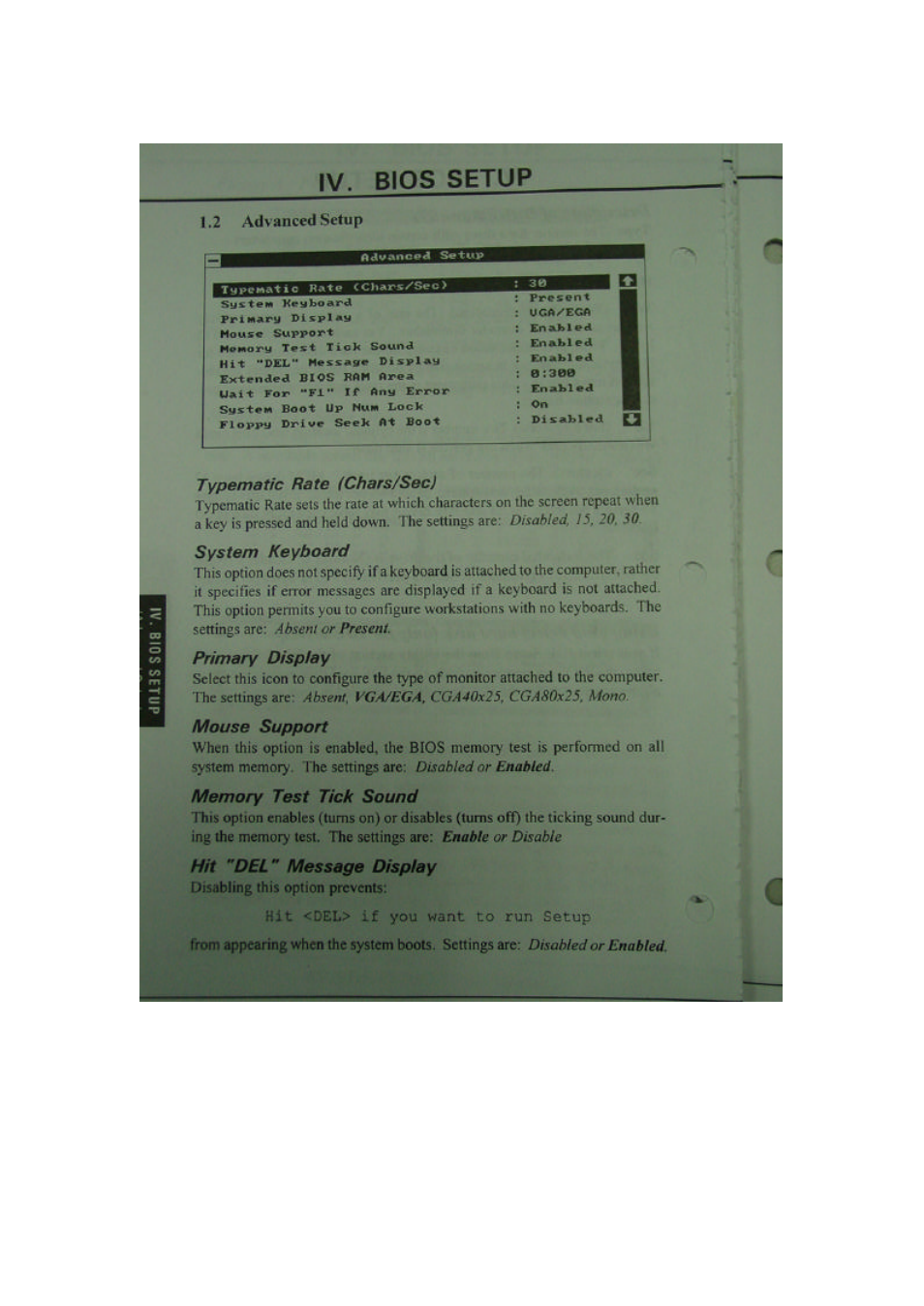 Typematfc rata ichars/sec), System keyboard, Pnmary dfspiay | Mouse support, Memory test tick sound, Hit **del" message dtsptay, Iv. bios setup | Asus P/I-P6RP4 User Manual | Page 24 / 34