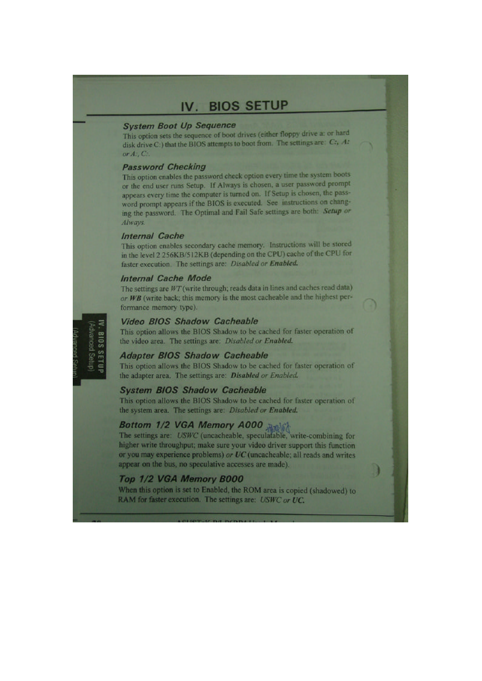 Internal cache, Video bios shadow cacheable, Adapter bios shadow cacheabfe | System bios shadow cacheabie, Bottom 1/2 voa memory aooo, Top 1/2 vga memory büoo, Iv. bios setup | Asus P/I-P6RP4 User Manual | Page 26 / 34