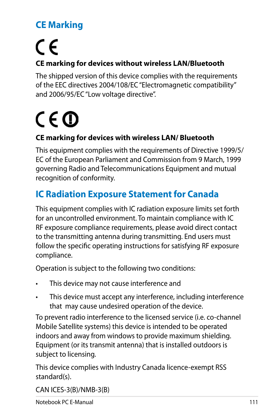 Ce marking, Ic radiation exposure statement for canada | Asus G750JM User Manual | Page 111 / 124