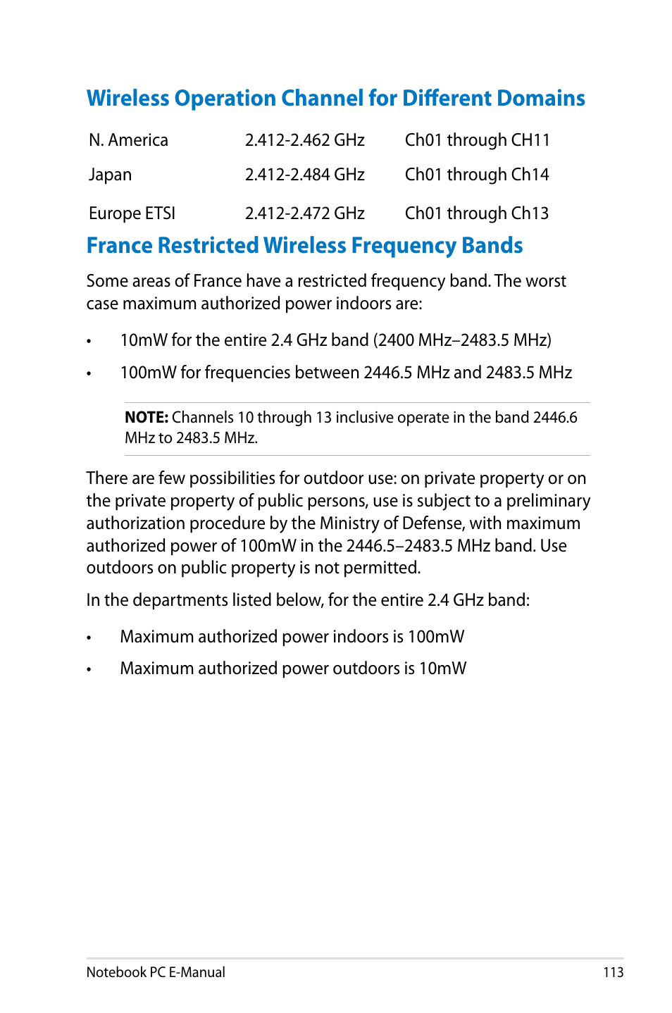 Wireless operation channel for different domains, France restricted wireless frequency bands | Asus G750JM User Manual | Page 113 / 124