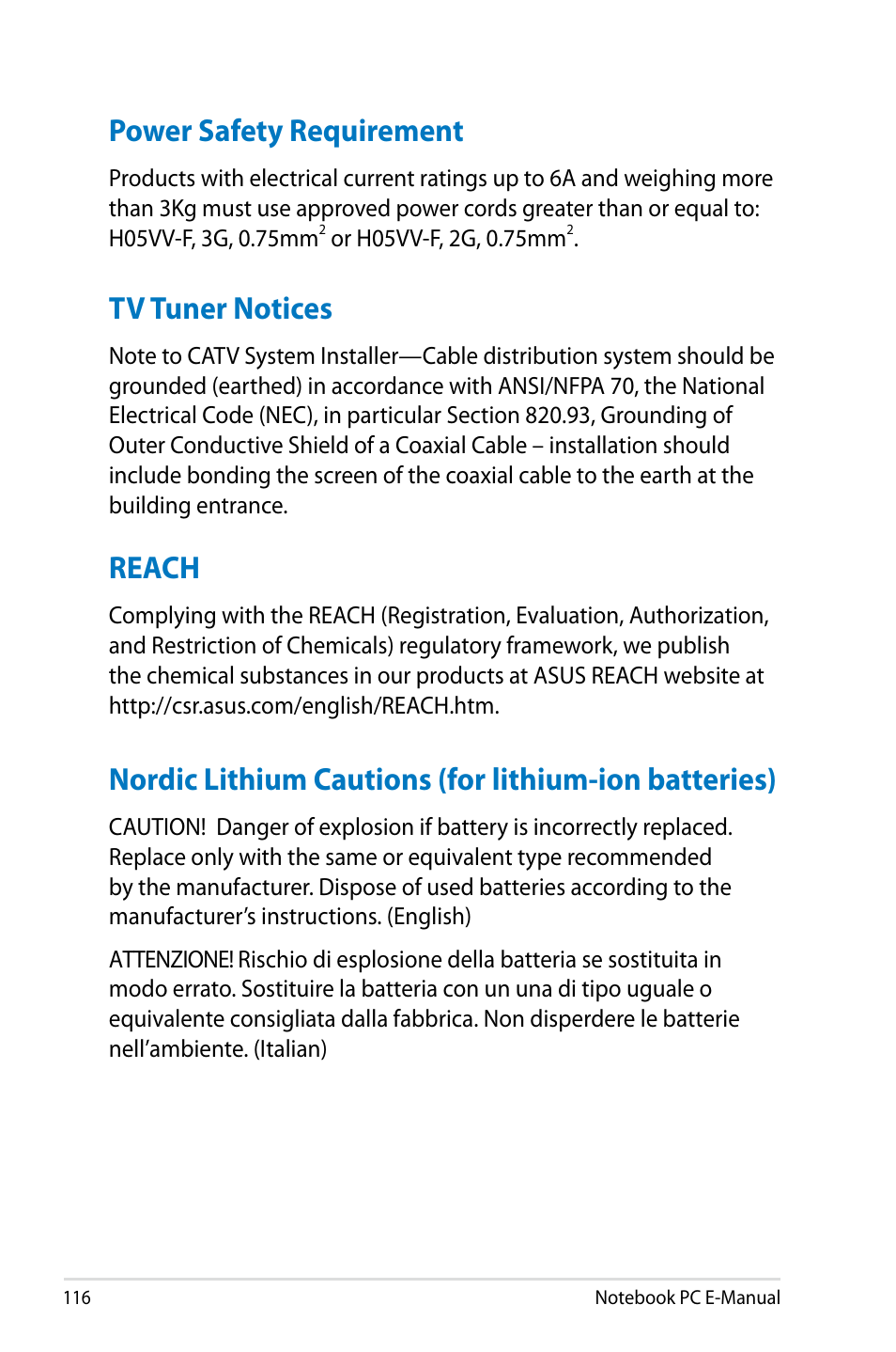 Power safety requirement, Tv tuner notices, Reach | Asus G750JM User Manual | Page 116 / 124