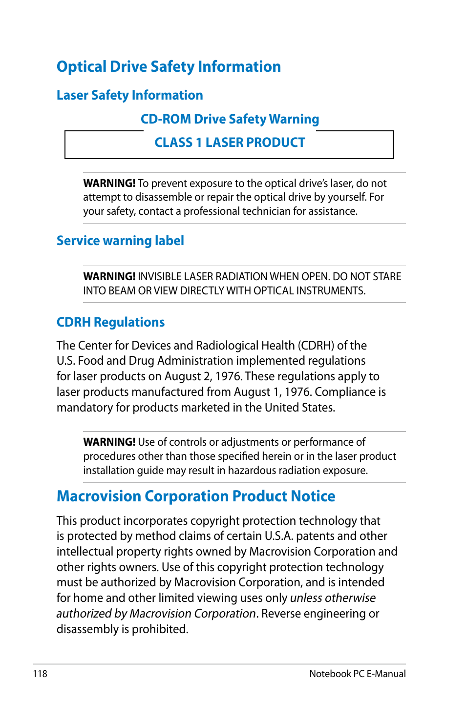 Optical drive safety information, Macrovision corporation product notice | Asus G750JM User Manual | Page 118 / 124