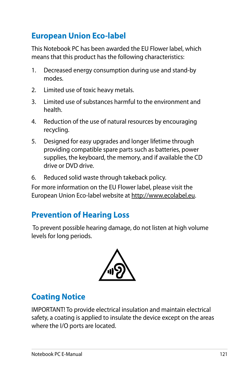 European union eco-label, Prevention of hearing loss, Coating notice | Asus G750JM User Manual | Page 121 / 124