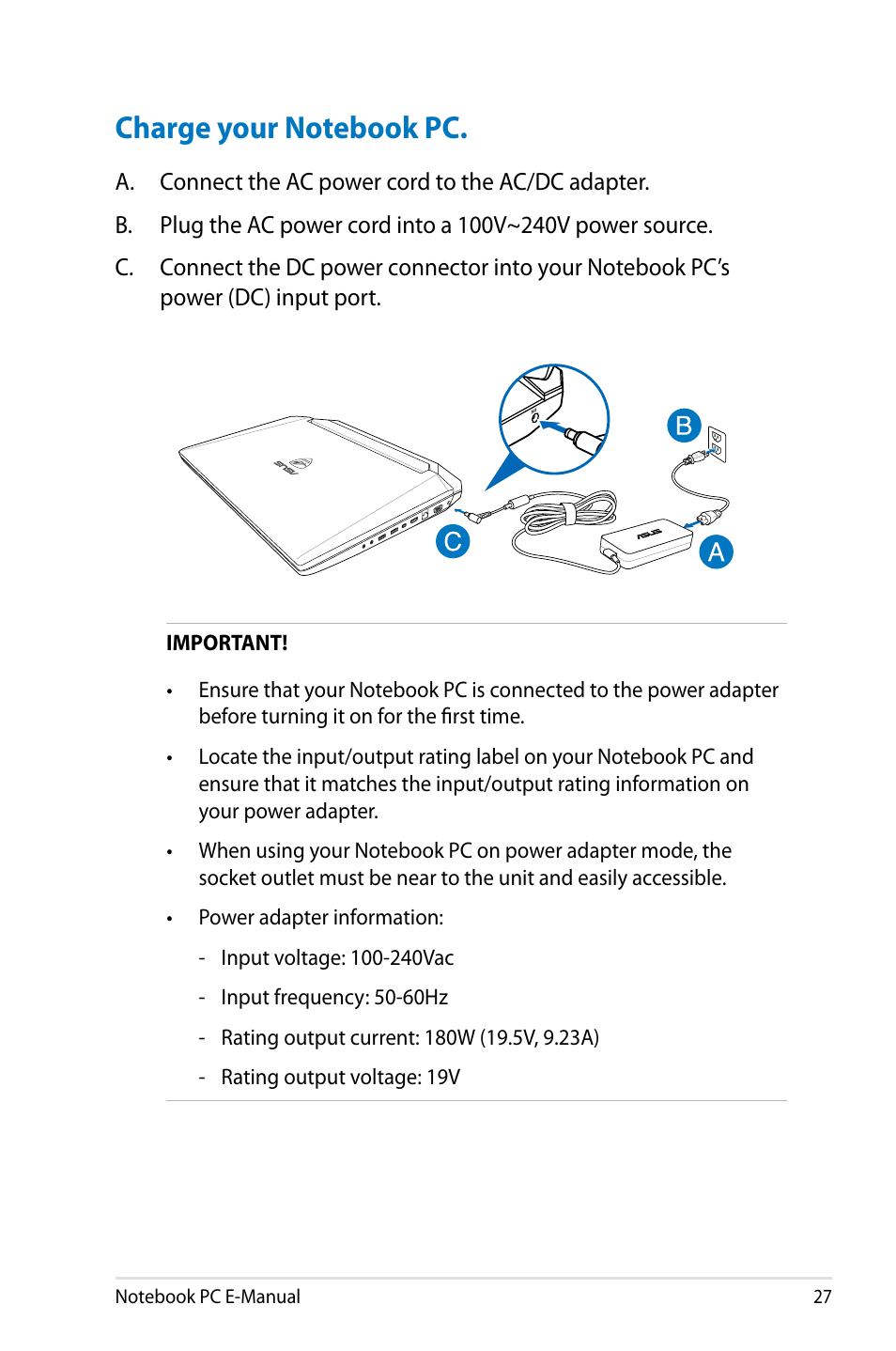 Charge your notebook pc | Asus G750JM User Manual | Page 27 / 124