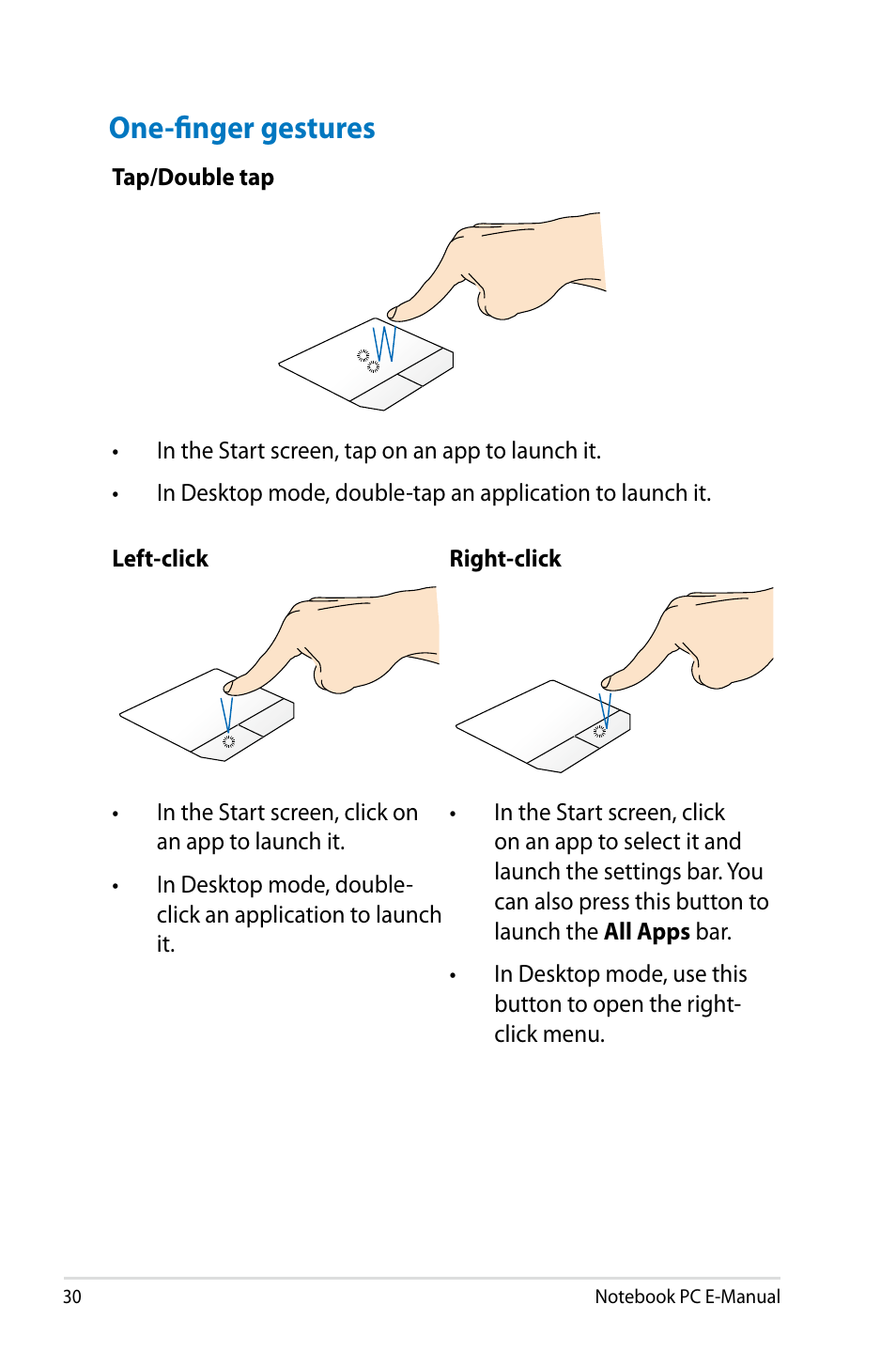 One-finger gestures | Asus G750JM User Manual | Page 30 / 124