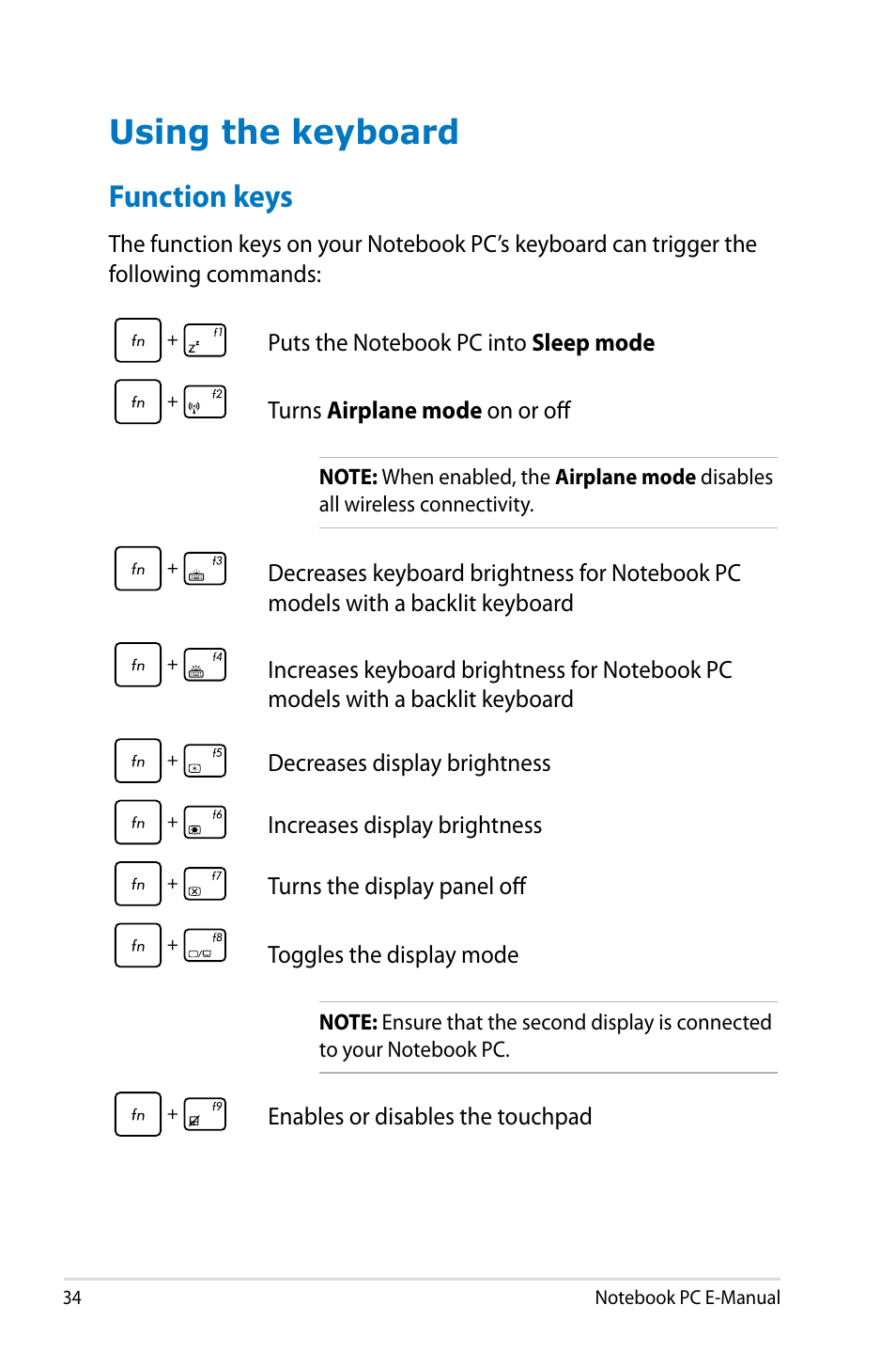 Using the keyboard, Function keys | Asus G750JM User Manual | Page 34 / 124