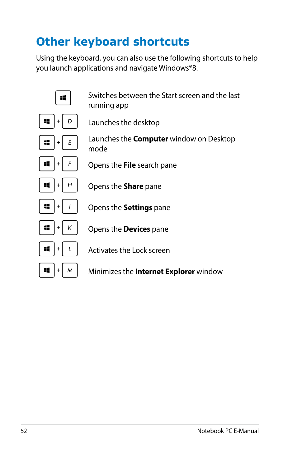 Other keyboard shortcuts | Asus G750JM User Manual | Page 52 / 124