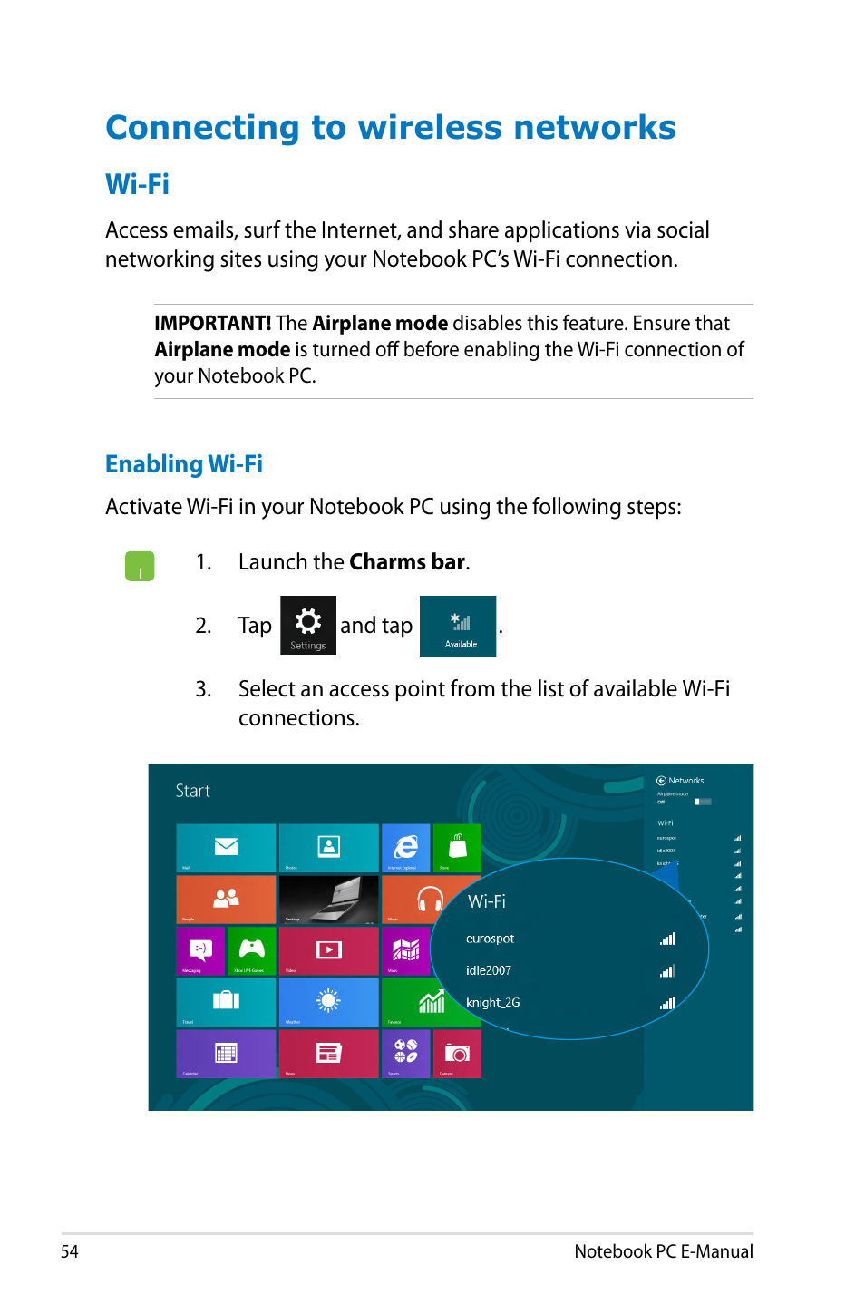 Connecting to wireless networks, Wi-fi | Asus G750JM User Manual | Page 54 / 124