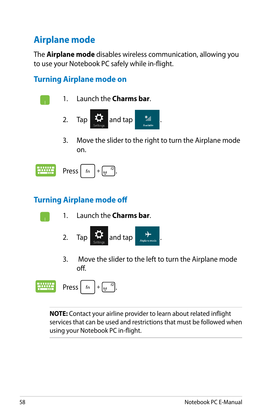 Airplane mode | Asus G750JM User Manual | Page 58 / 124