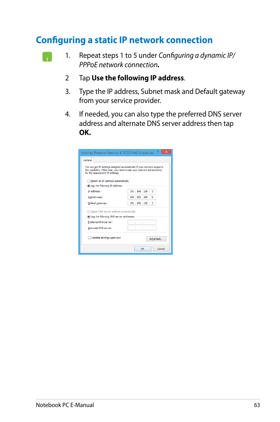 Configuring a static ip network connection | Asus G750JM User Manual | Page 63 / 124