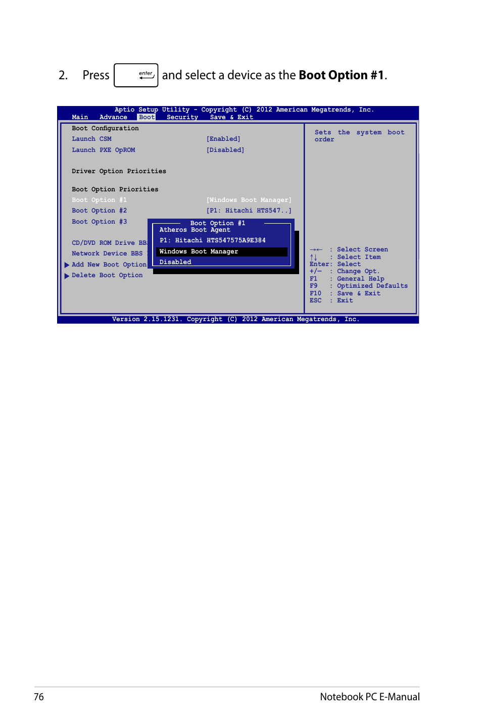 Press and select a device as the boot option #1 | Asus G750JM User Manual | Page 76 / 124