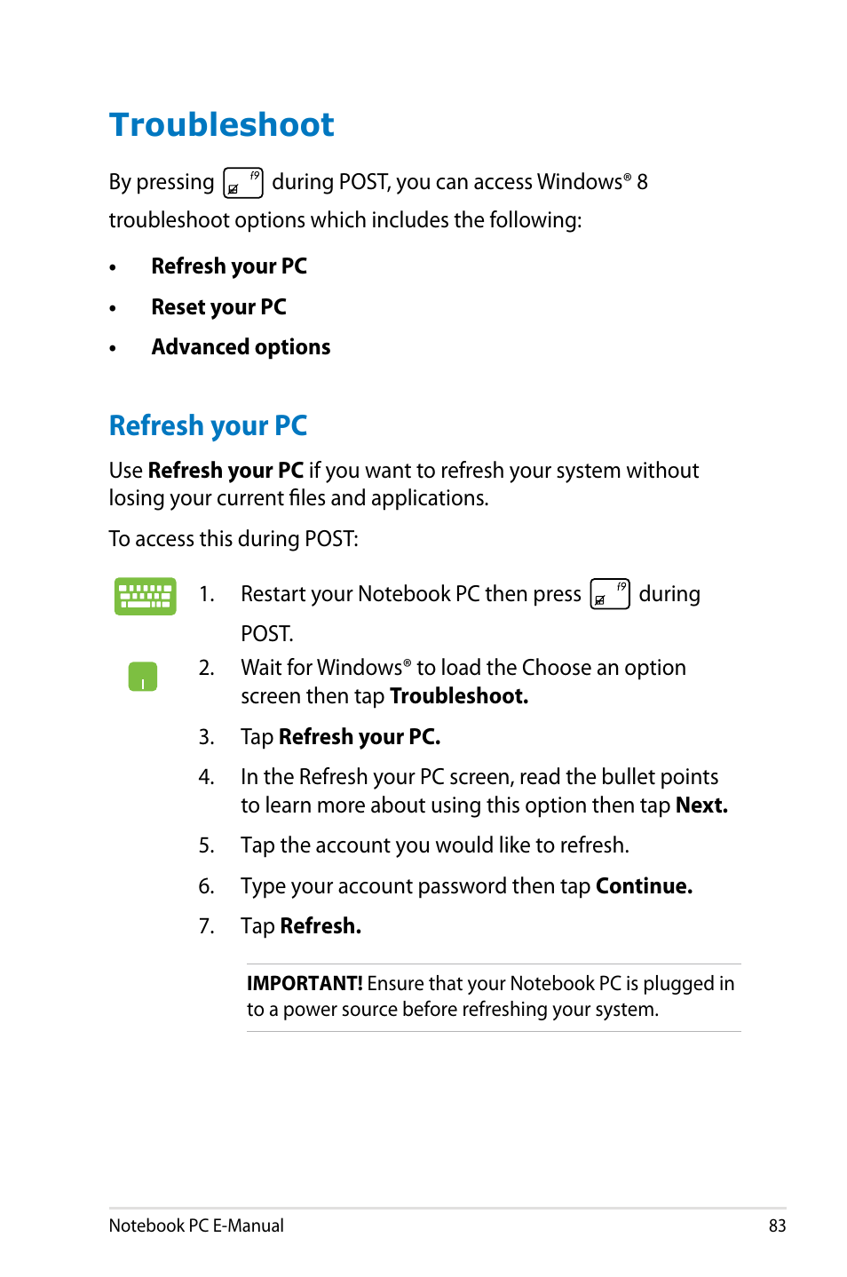 Troubleshoot, Refresh your pc | Asus G750JM User Manual | Page 83 / 124