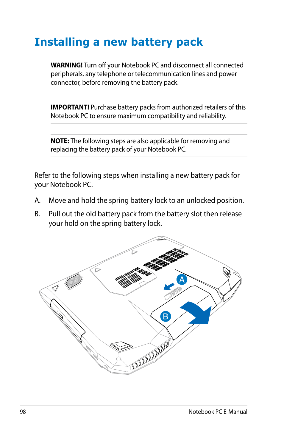 Installing a new battery pack | Asus G750JM User Manual | Page 98 / 124