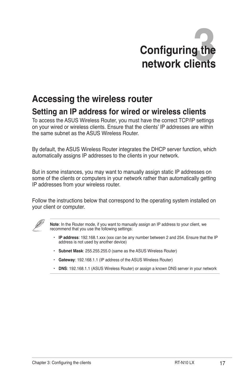 Chapter 3: configuring the network clients, Accessing the wireless router, Configuring the network clients | Asus RT-N10LX User Manual | Page 17 / 46