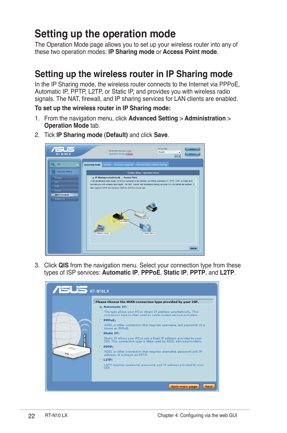 Setting up the operation mode, Setting up the wireless router in ip sharing mode | Asus RT-N10LX User Manual | Page 22 / 46