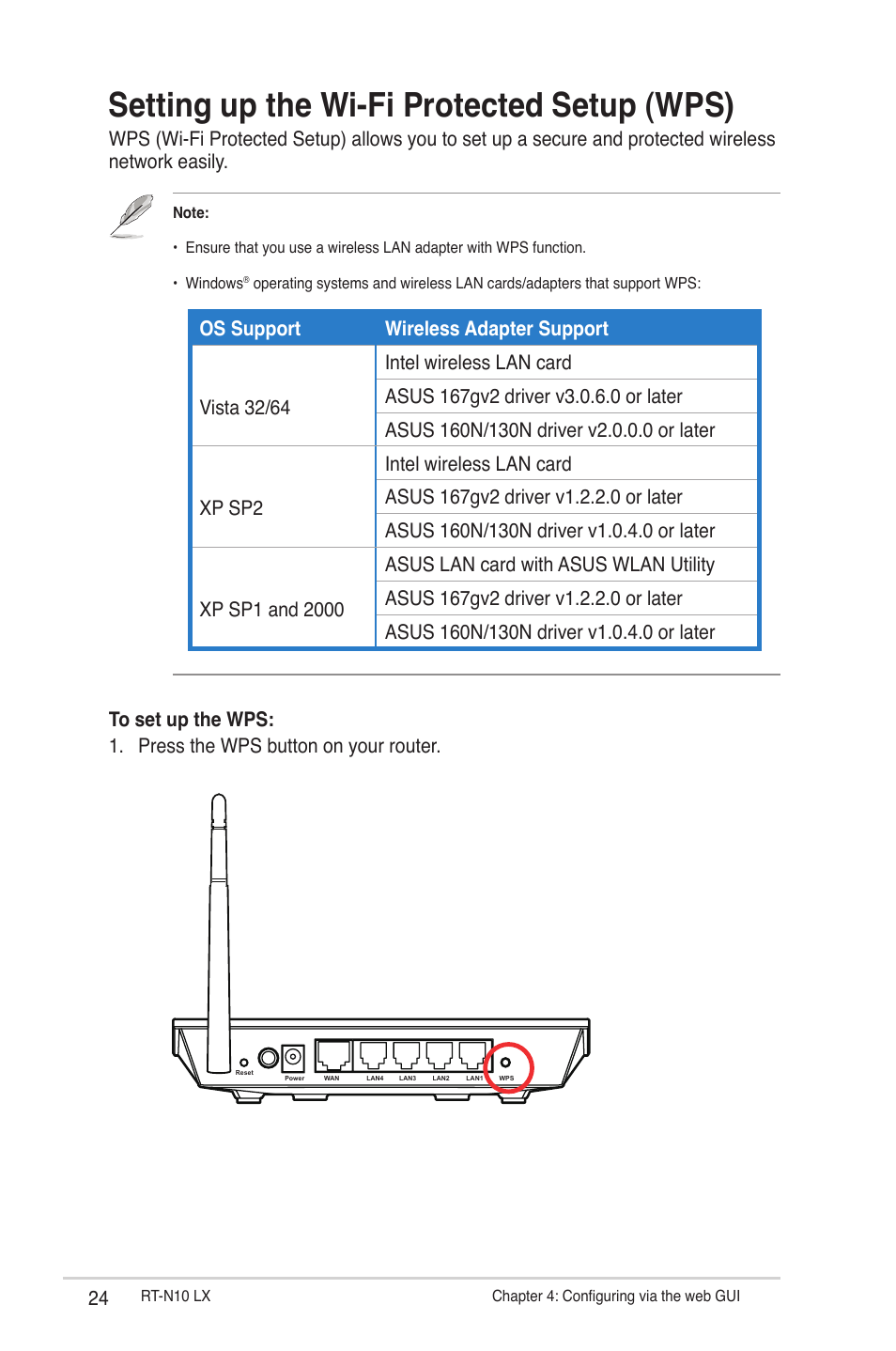 Setting up the wi-fi protected setup (wps) | Asus RT-N10LX User Manual | Page 24 / 46