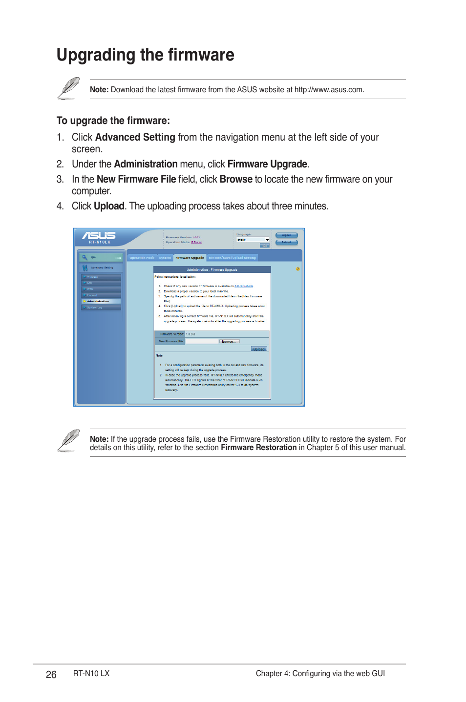 Upgrading the firmware | Asus RT-N10LX User Manual | Page 26 / 46